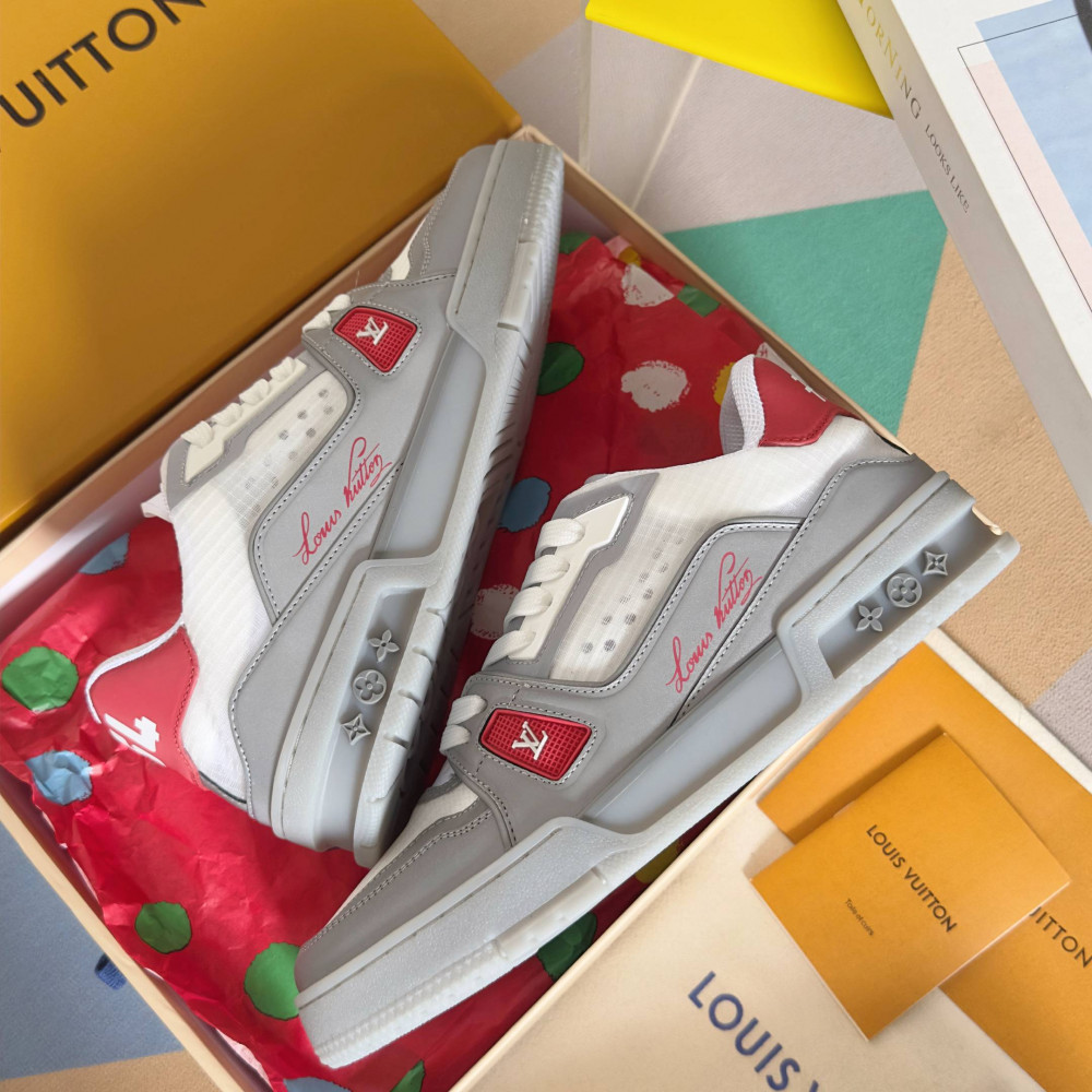 LV Trainer Sneaker Gray/white and Red-024 LV Trainer Sneaker Gray/white and Red-024