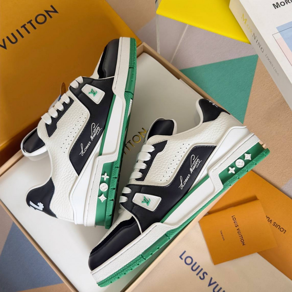 LV Trainer Sneaker Black/White and Green-034 LV Trainer Sneaker Black/White and Green-034