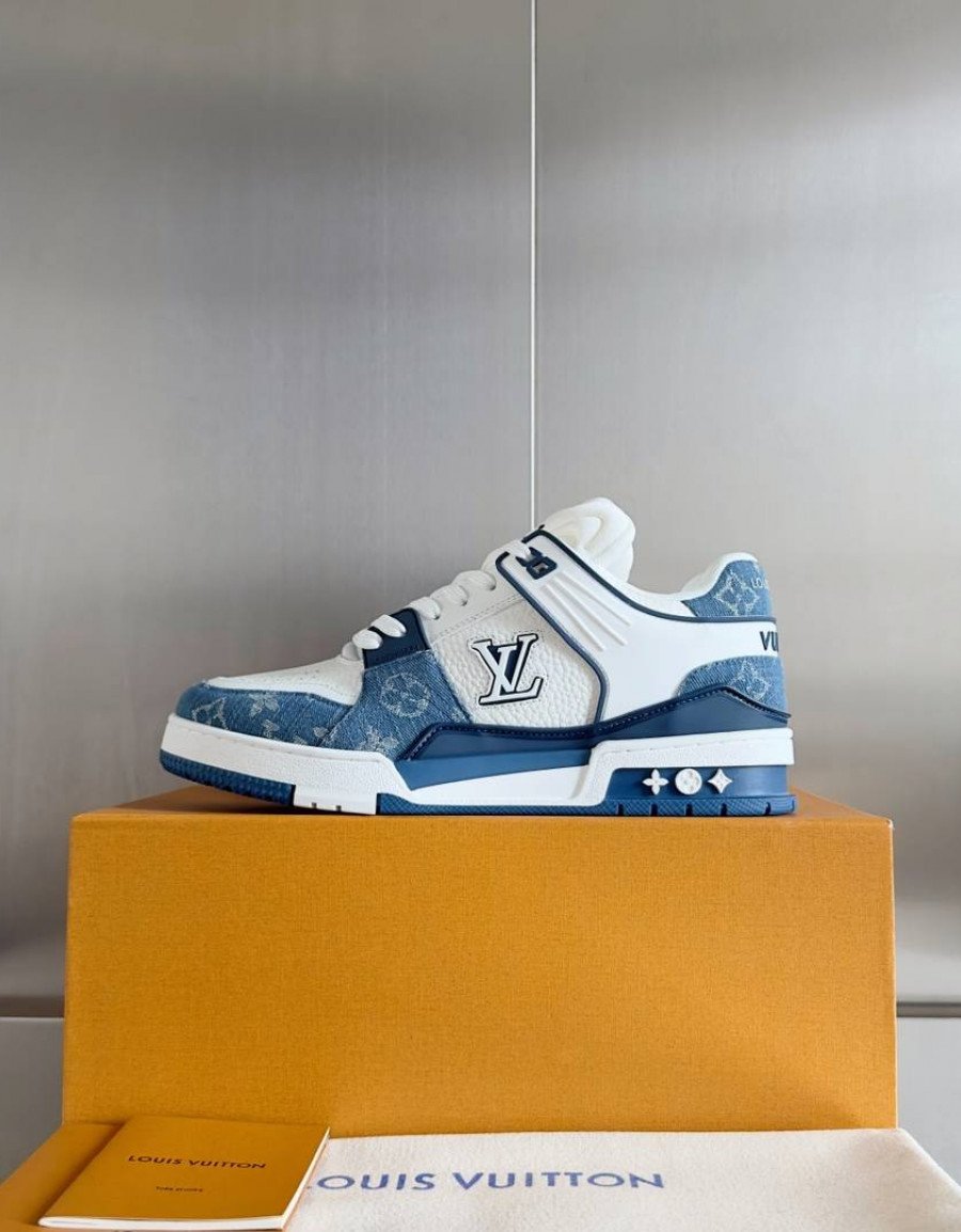 LV Trainer Sneaker Blue Jeans and White